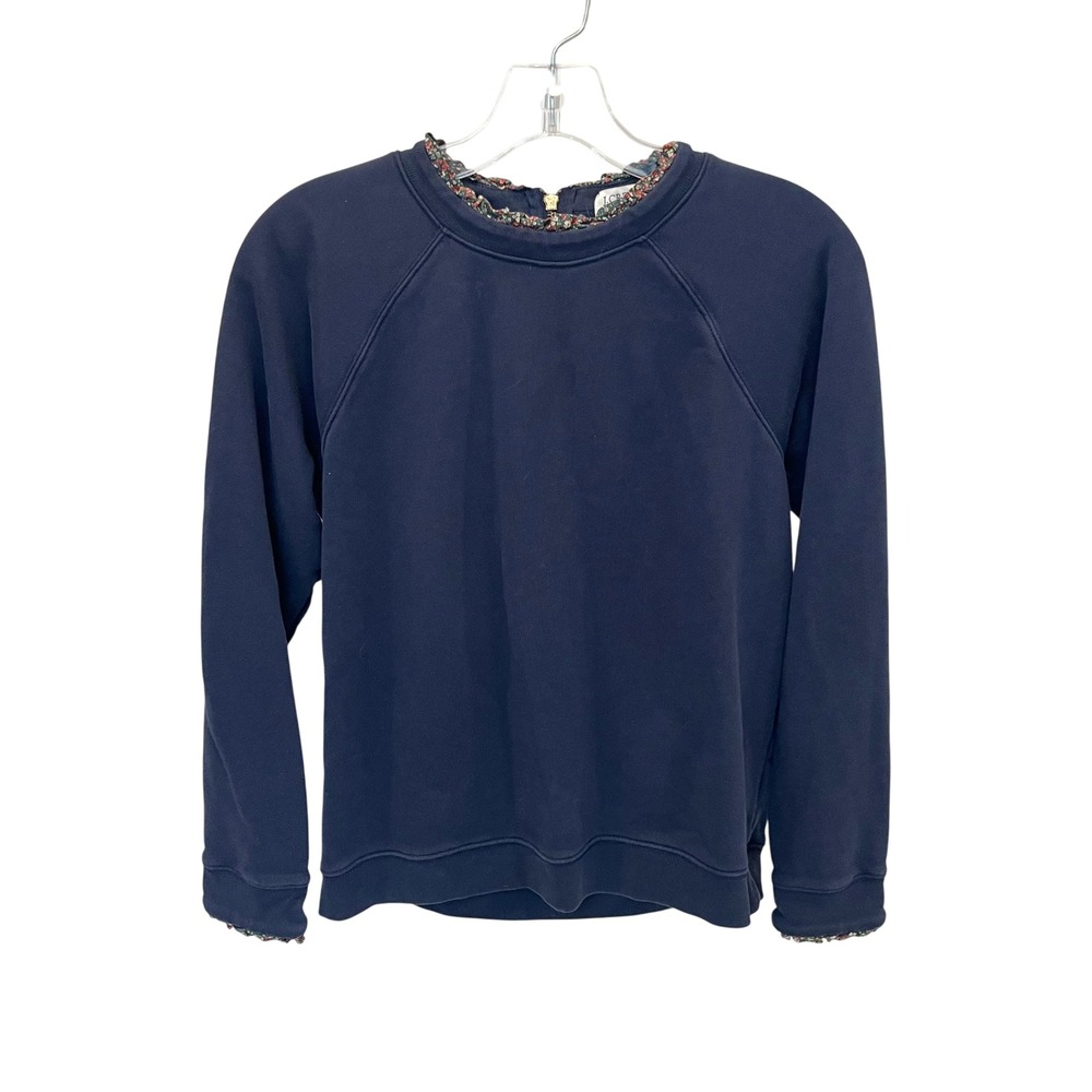 J.Crew Navy Blue Floral Ruffle Trim Back Zip Raglan‎ Sweatshirt - Size Medium